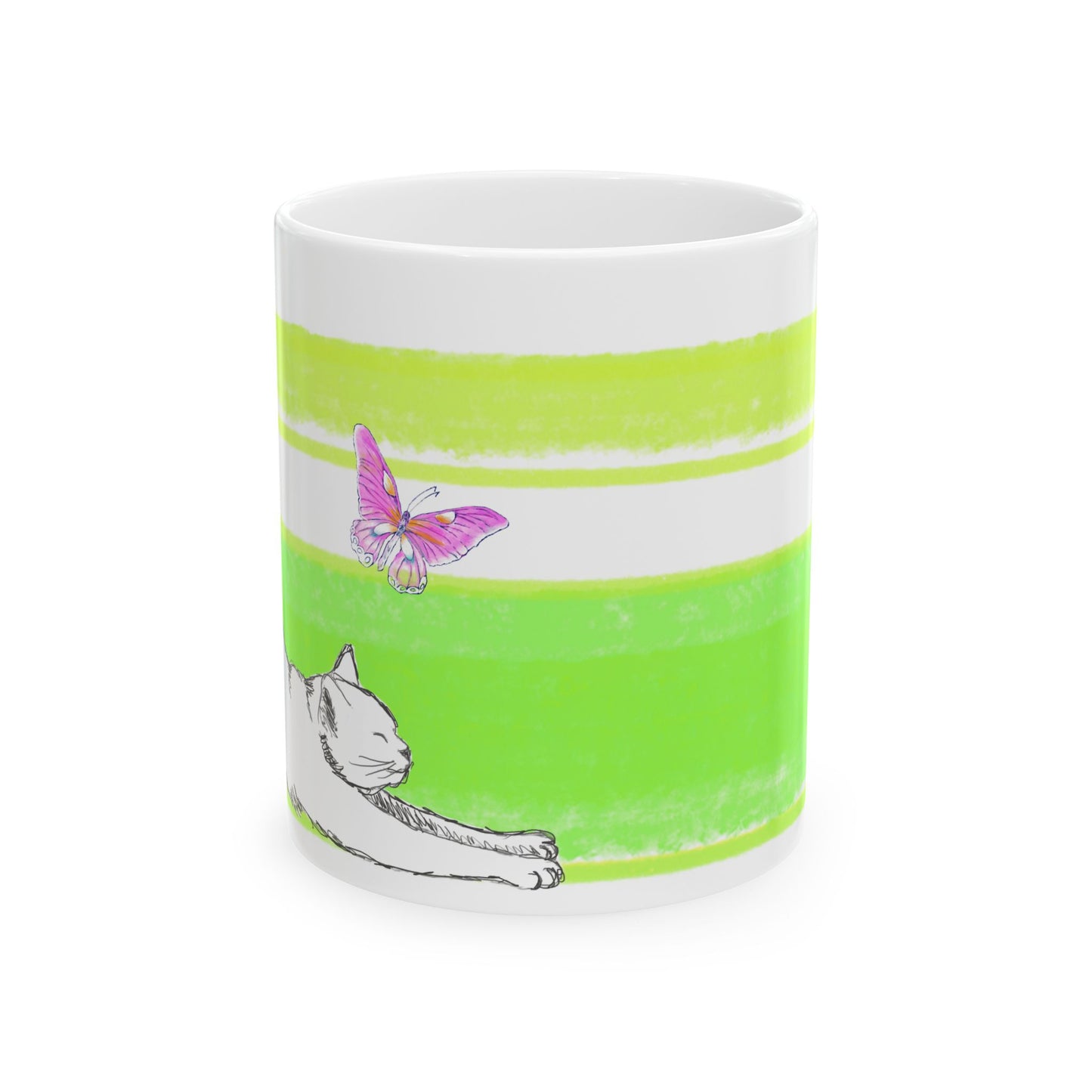 Mega Stripe Kitty Butterfly Flutter Ceramic Mug Yellow Green