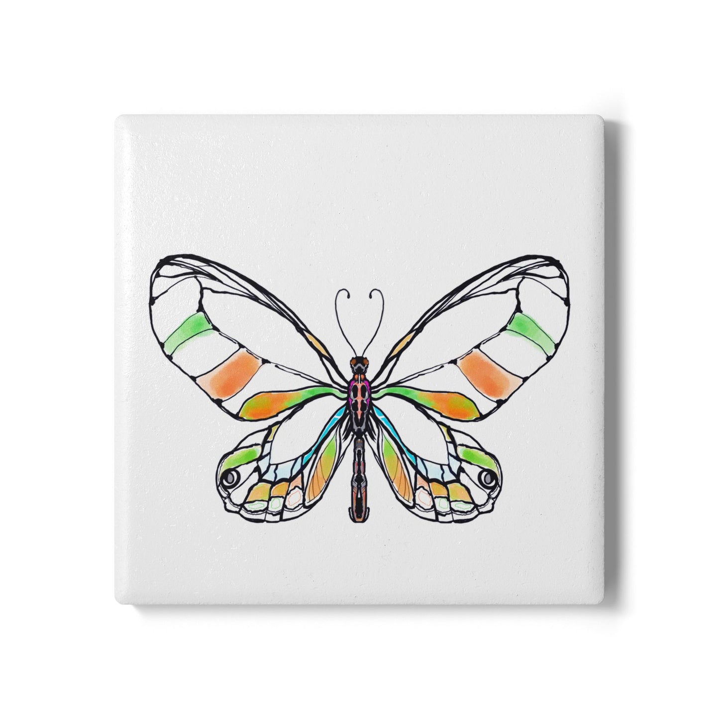 Butterfly Blossom Romp Ceramic Coaster, Multi Color, Orange and Green