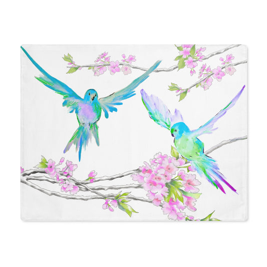 Blossoms & Birds In Aqua Blue Placemat, 1pc (18" × 14"). Cotton. Creamy White Background, #7 Left Side of the Table