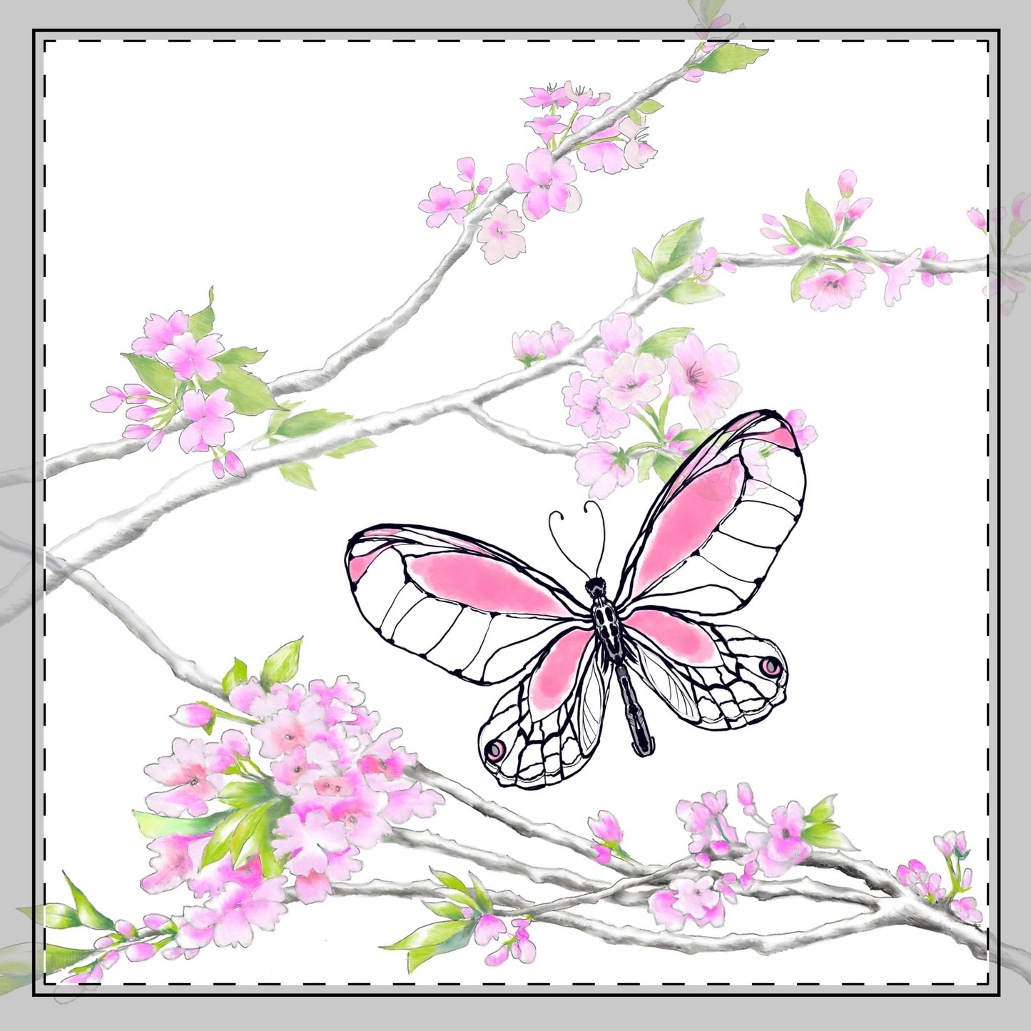 Butterfly Blossom Romp Cotton Twill Napkin, Pink, Fabric Background Creamy White, #5