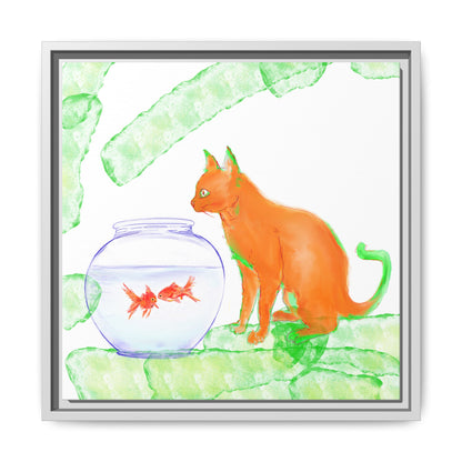 Colorful Cat and Fish Bowl Matte Canvas Framed white