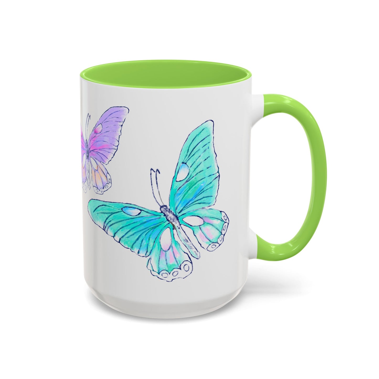 Butterfly Swing, Inside Green Colorful, Main Butterfly Yellow Mugs (11oz, 15oz)