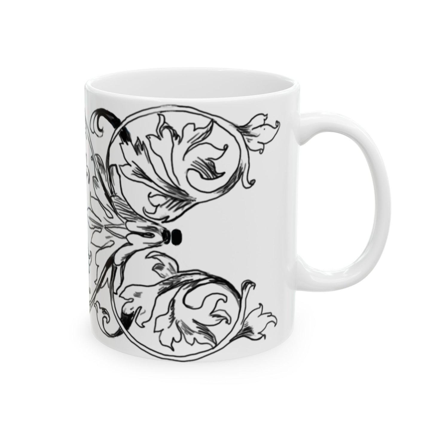 Scrollwork Ceramic Mug Black and White "Sin will keep us from..."