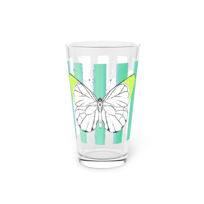 Butterfly Chroma Pint Glass in Lime with Aqua Stripes, 16oz