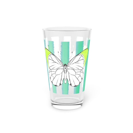 Butterfly Chroma Pint Glass in Lime with Aqua Stripes, 16oz