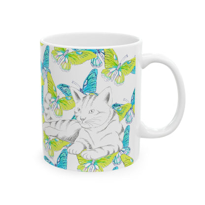 Kitty Flutter Ceramic Mug, Aqua/Lime, (11oz, 15oz)