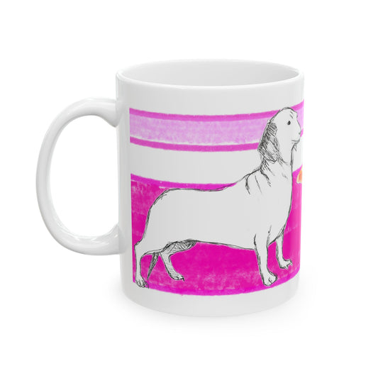 Mega Stripe Dogi Butterfly Flutter Ceramic Mug, (11oz, 15oz),  Raspberry Pink Dachshund