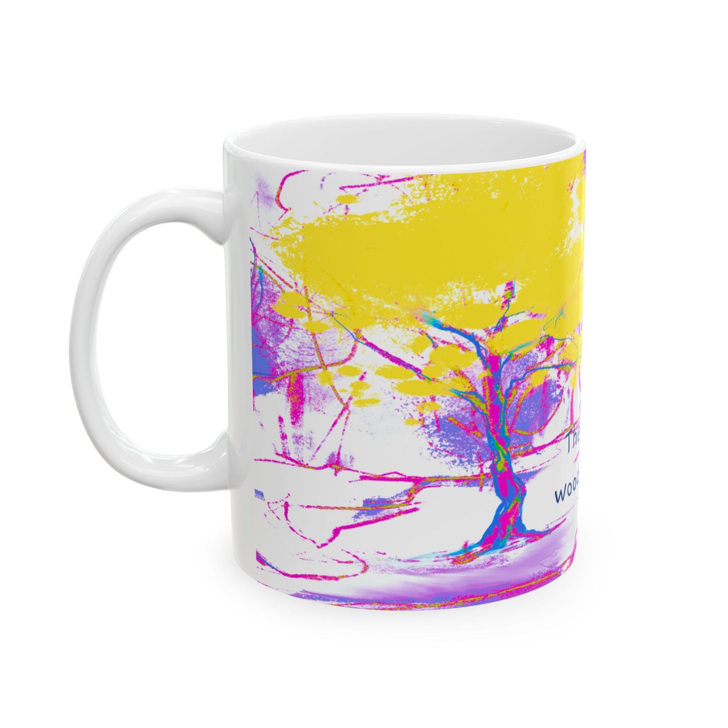 Inspirational Landscapes Ceramic Mug in Raspberry and Yellow "The flower in the deepest woods is known and watered by God", 11oz, 15oz.