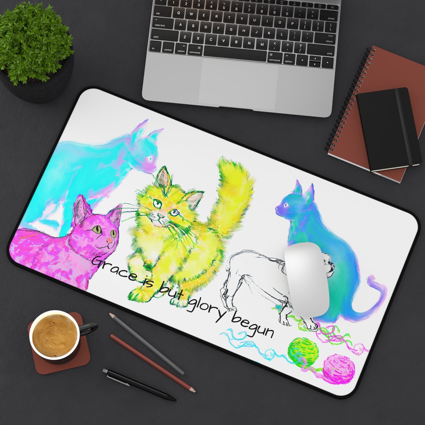 Colorful Cats and Dog Desk Mat "Grace is but glory begun"