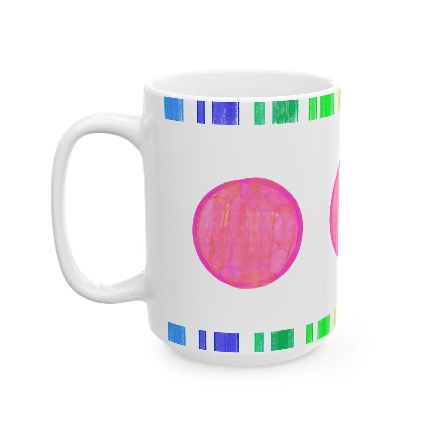 Mega Dot & Stripes border Coral Ceramic Mug, (11oz, 15oz)