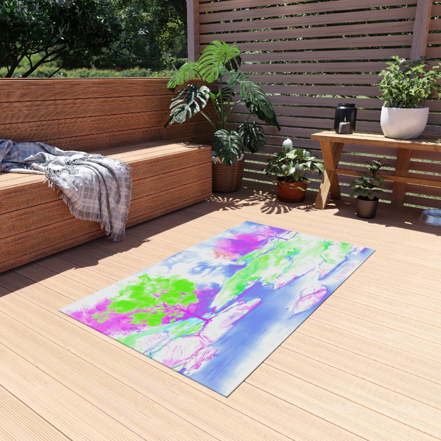 Inspirational Landscapes Indoor/Outdoor Area Rug, "Joy tames Pain"  Blue, Aqua, and Lilac Non-slip