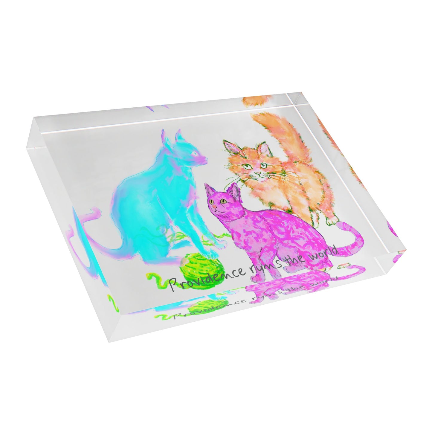Colorful Cats & Dogs Acrylic Art Block 3 Cats Aqua, Pink, Green- Providence runs the world
