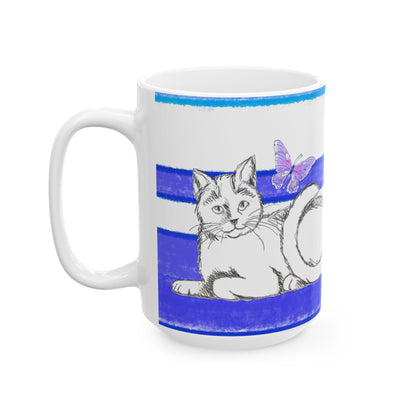 Mega Stripe Kitty Butterfly Flutter Ceramic Mug Ultramarine