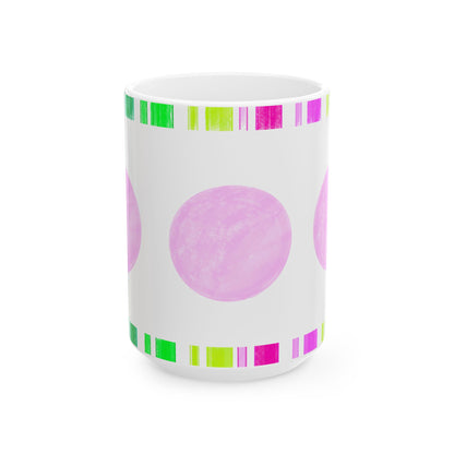 Mega Dot & Stripes Light Pink Ceramic Mug, (11oz, 15oz)