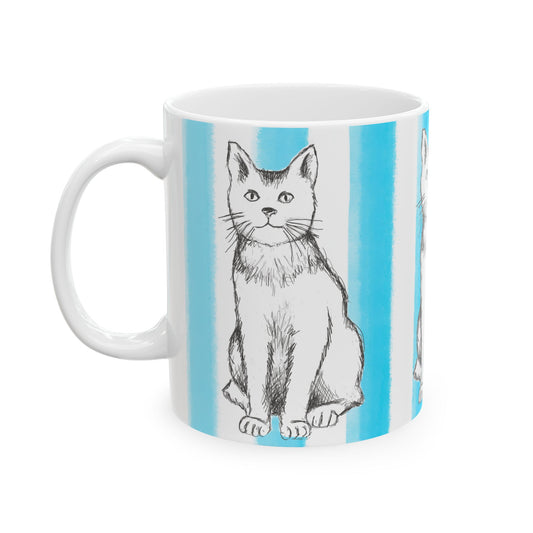 Kitty Fun Mug with Aqua Stripes