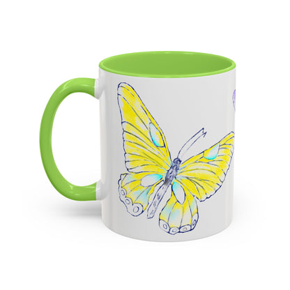 Butterfly Swing, Inside Green Colorful, Main Butterfly Yellow Mugs (11oz, 15oz)