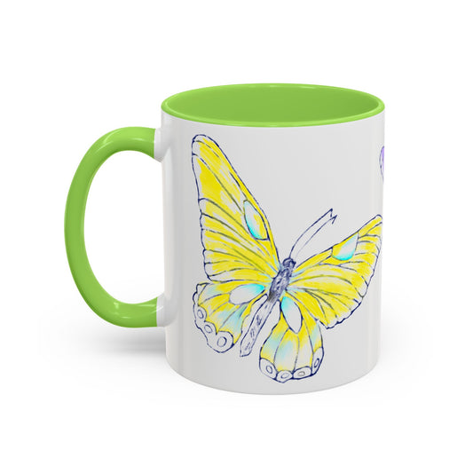 Butterfly Swing, Inside Green Colorful, Main Butterfly Yellow Mugs (11oz, 15oz)