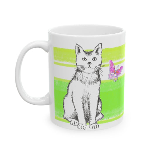 Mega Stripe Kitty Butterfly Flutter Ceramic Mug Yellow Green