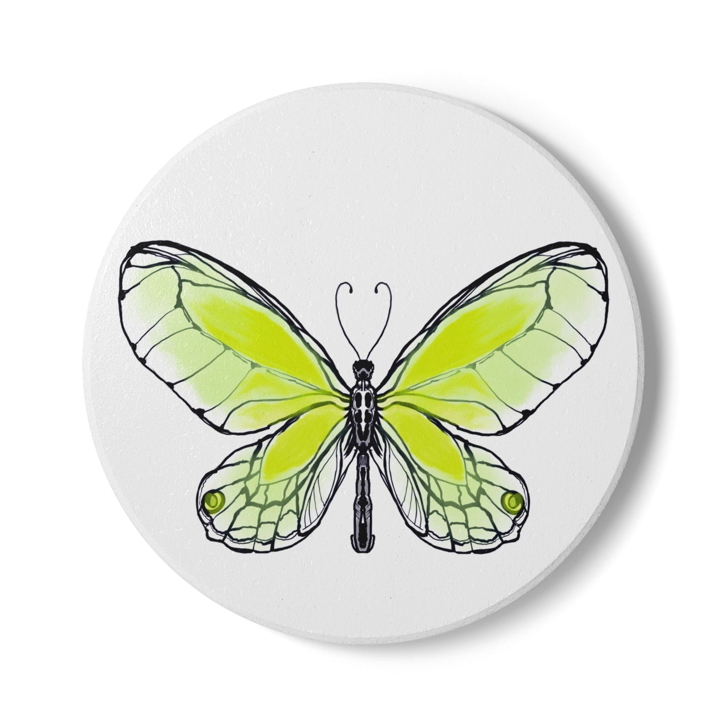 Butterfly Blossom Romp Ceramic Coaster, Green Yellow