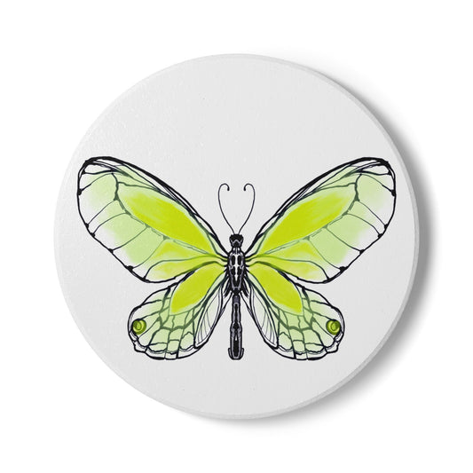 Butterfly Blossom Romp Ceramic Coaster, Green Yellow