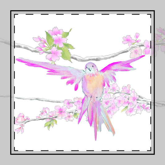 Blossoms & Birds in Pink Poly Twill Napkin , Background color Bright White