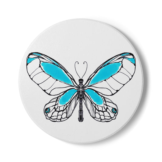 Butterfly Blossom Romp Ceramic Coaster, Aqua