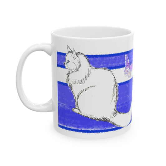 Mega Stripe Kitty Butterfly Flutter Ceramic Mug Ultramarine