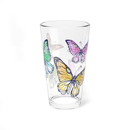 Blossom Whirl Pint Glass, 16oz Largest Butterfly is Yellow Orange