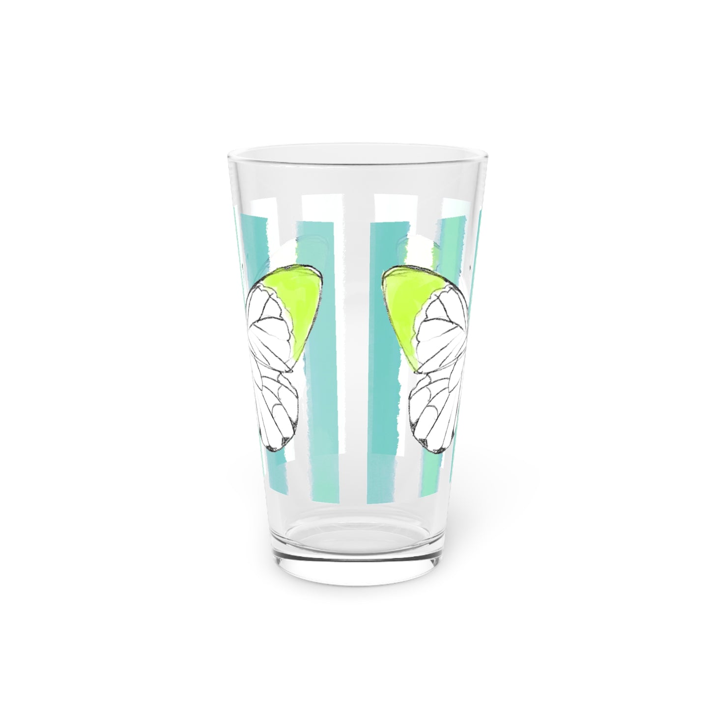Butterfly Chroma Pint Glass in Lime with Aqua Stripes, 16oz
