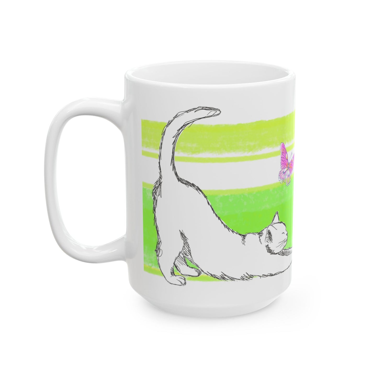 Mega Stripe Kitty Butterfly Flutter Ceramic Mug Yellow Green