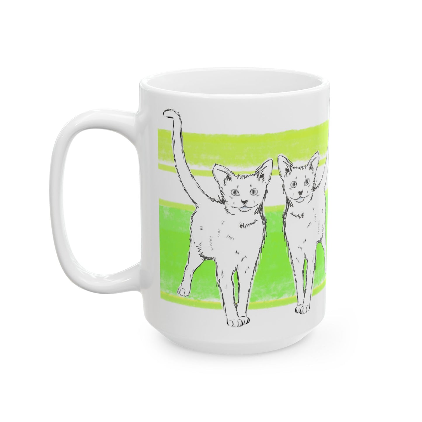 Mega Stripe Kitty Butterfly Flutter Ceramic Mug Yellow Green
