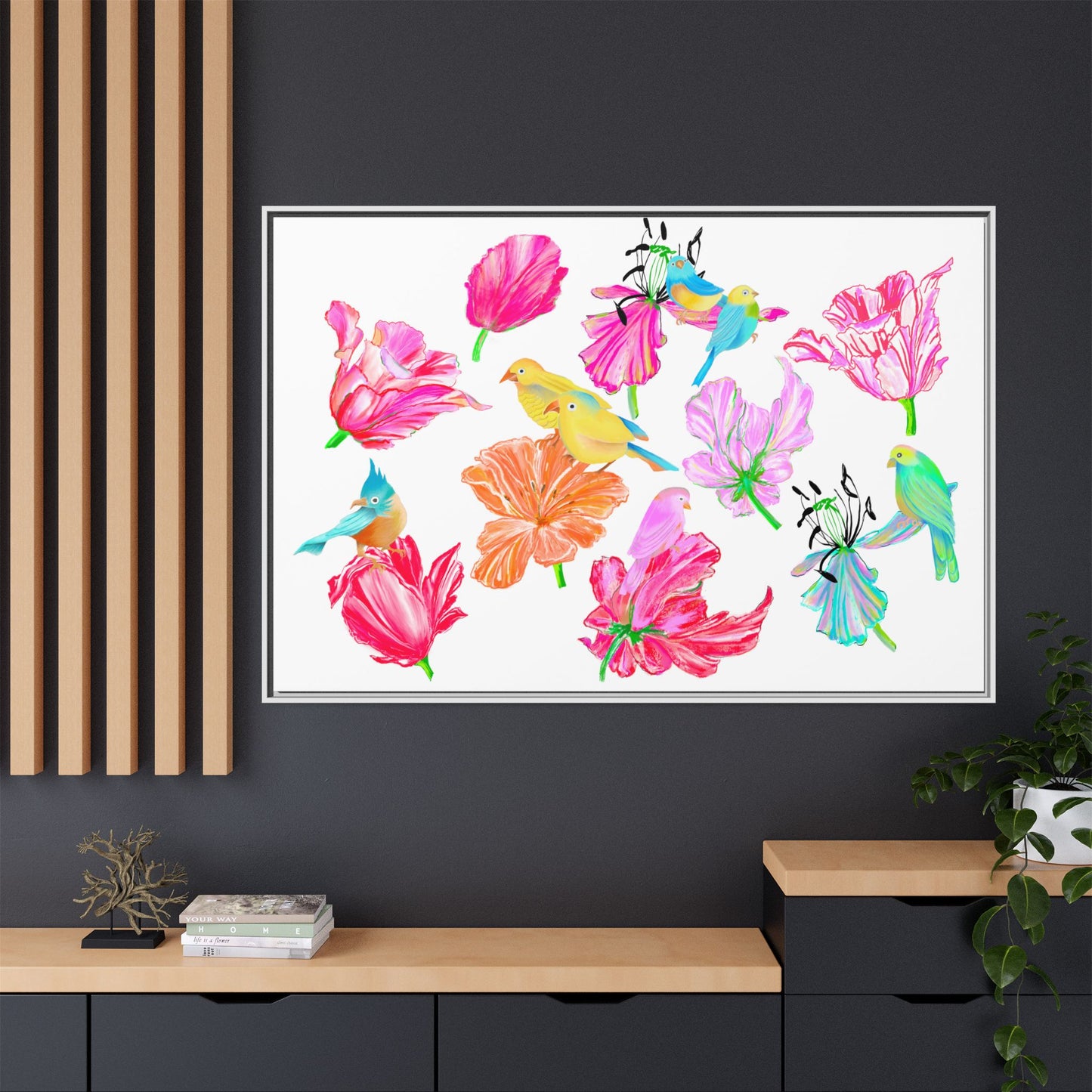 Vibrant Tulips Matte Canvas, Frame with birds