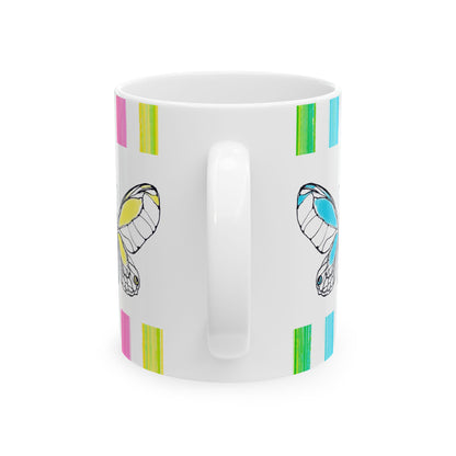 Butterfly Rainbow Stripe Ceramic Mug in Aqua, Lavender, and Yellow with Multi-color Striped Border, (Available in 2 sizes 11oz and 15oz)