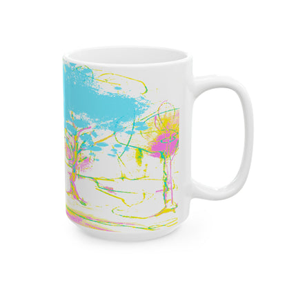 Joyful Landscapes Ceramic Mug in Yellow and Aqua, 11oz, 15oz