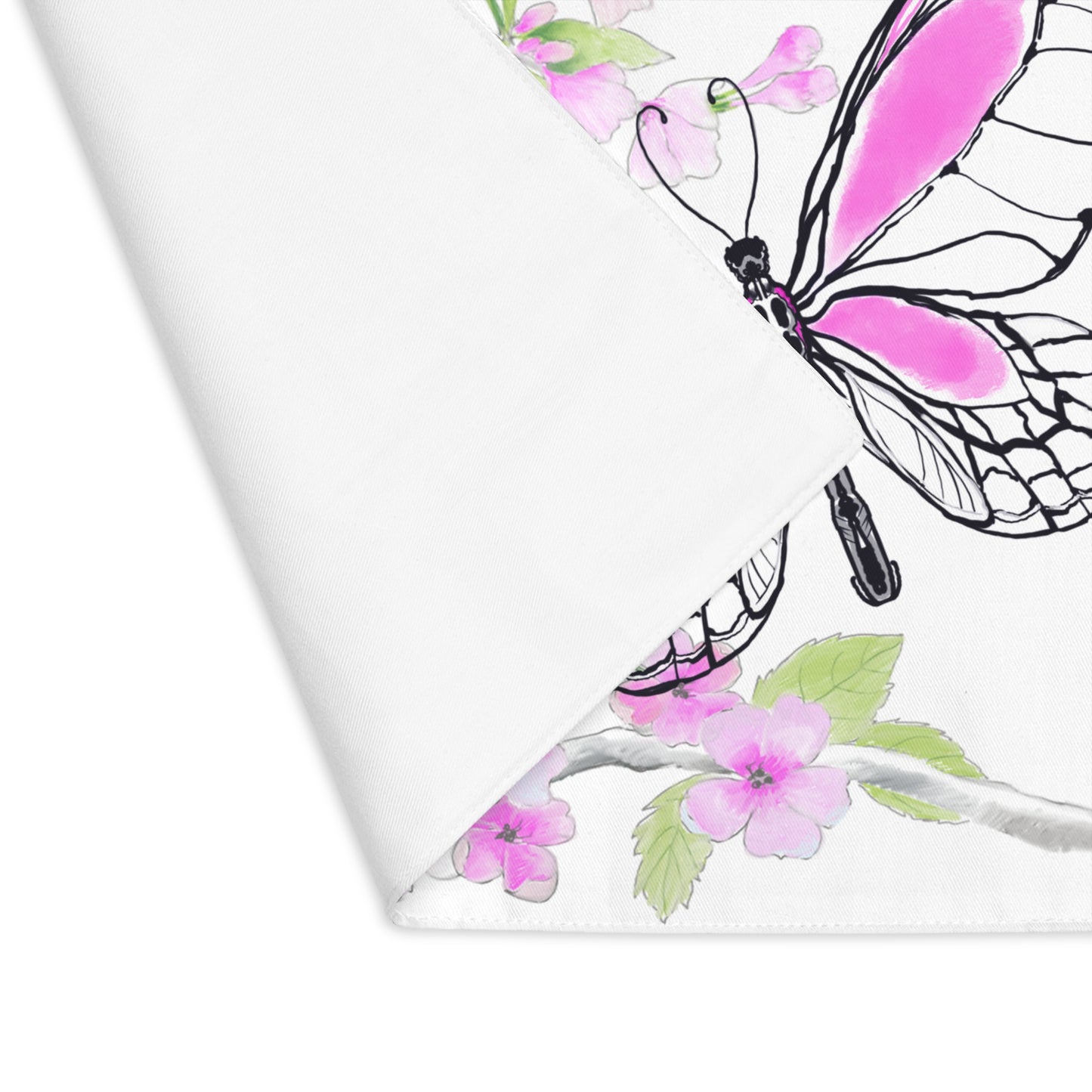 Butterfly Blossom Romp Cotton Twill Placemat, 1pc Raspberry #4 Right side of table