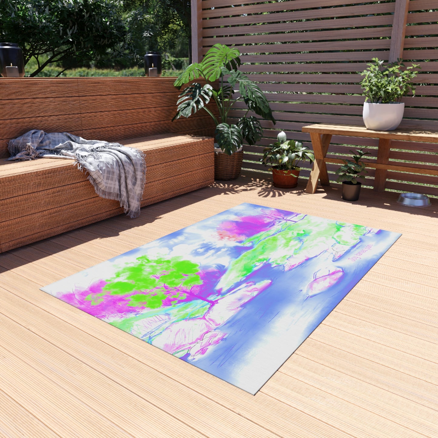 Inspirational Landscapes Indoor/Outdoor Area Rug, "Joy tames Pain"  Blue, Aqua, and Lilac Non-slip