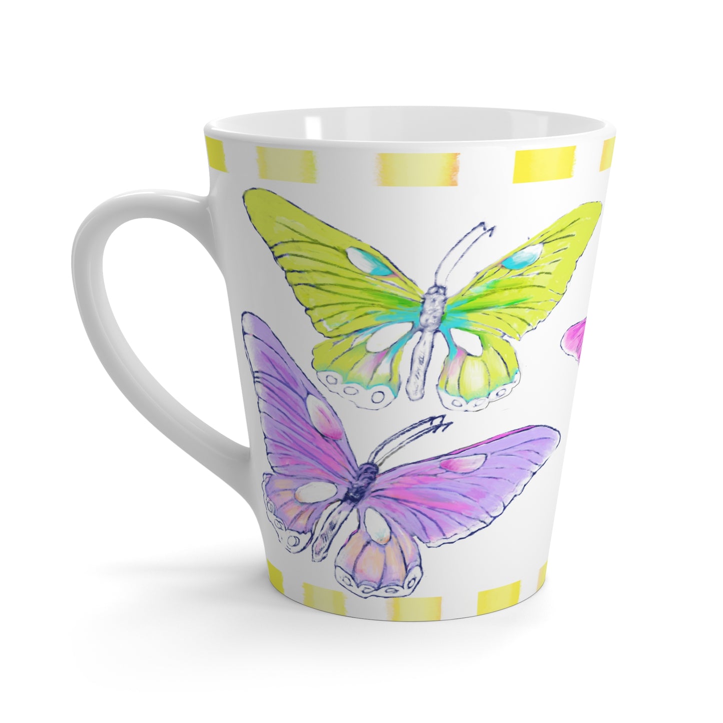 Butterfly Swing  Latte Mug  Aqua, Pink, Lilac. Orange, Yellow Butterflies, Yellow Stripe