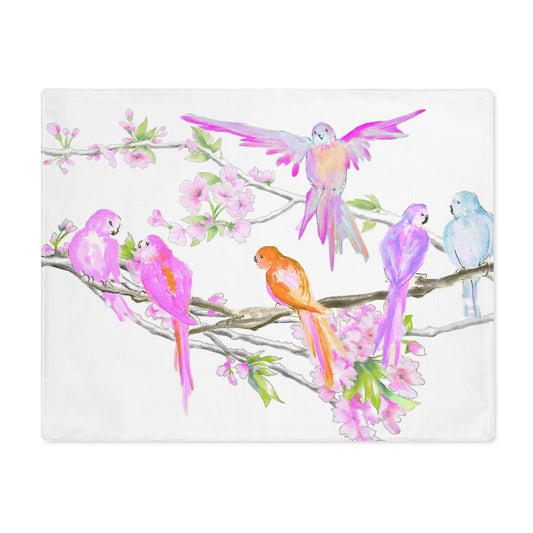 Blossoms & Birds In Pink Placemat, 1pc (18" × 14"), Cotton, Creamy White Background,#1 Head of the table