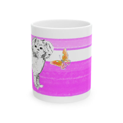 Mega Stripe Dogi Butterfly Flutter Ceramic Mug, (11oz, 15oz),  Purplish Pink Shih Tzu