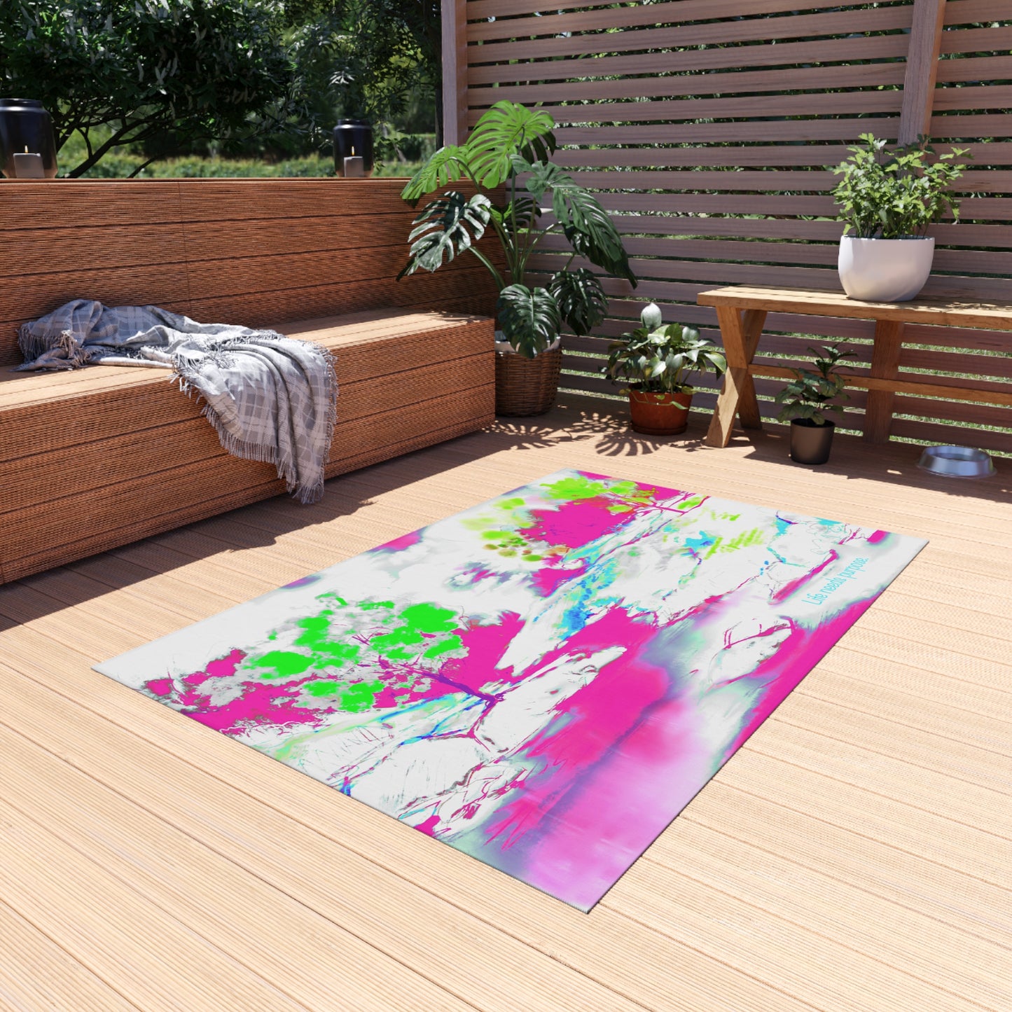 Inspirational Landscapes Indoor/Outdoor Rug, Life needs purpose," Raspberry and Green,  Non-Slip
