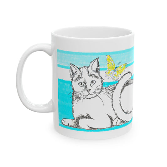 Mega Stripe Kitty Butterfly Flutter Ceramic Mug Aqua