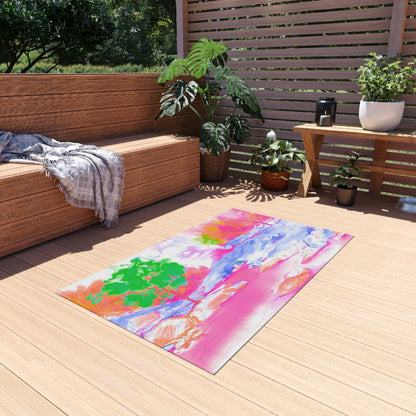 Joyful Landscapes Indoor/Outdoor Rug, Raspberry, Blue and Green, Non-Slip