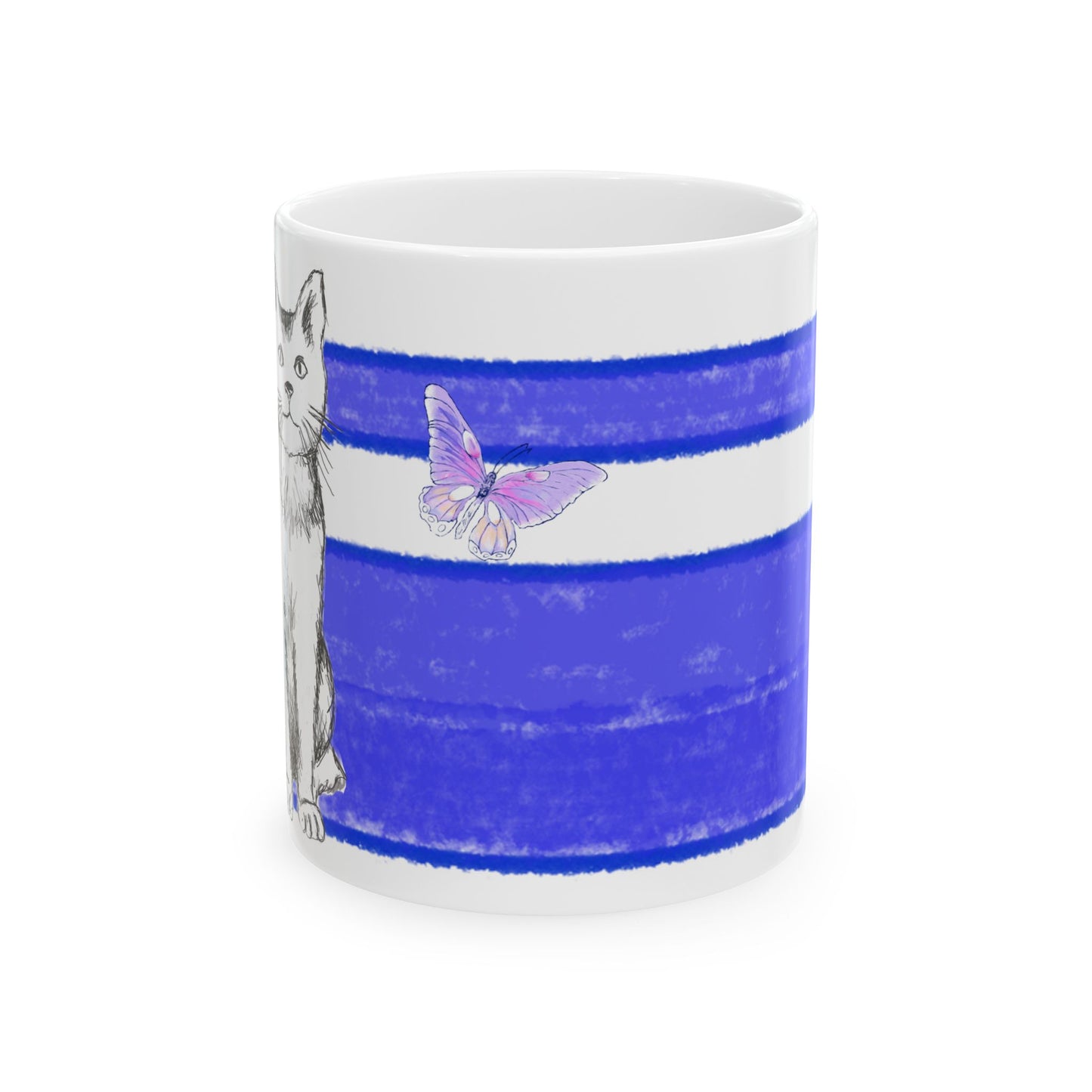 Mega Stripe Kitty Butterfly Flutter Ceramic Mug Ultramarine
