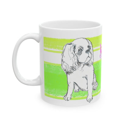 Mega Stripe Dogi Butterfly Flutter Ceramic Mug, (11oz, 15oz) Yellow Green Cocker Spaniel