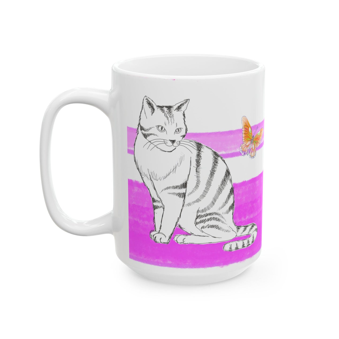 Mega Stripe Kitty Butterfly Flutter Ceramic Mug Purplish Pink