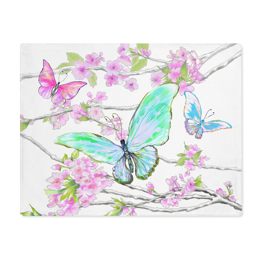 Butterfly Blossom Whirl Cotton Placemat, Aqua/Green, Fabric Background Creamy White, #10