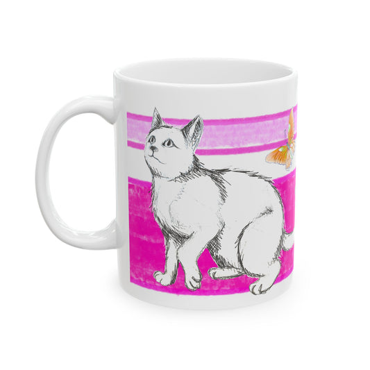 Mega Stripe Kitty Butterfly Flutter Ceramic Mug Raspberry Pink