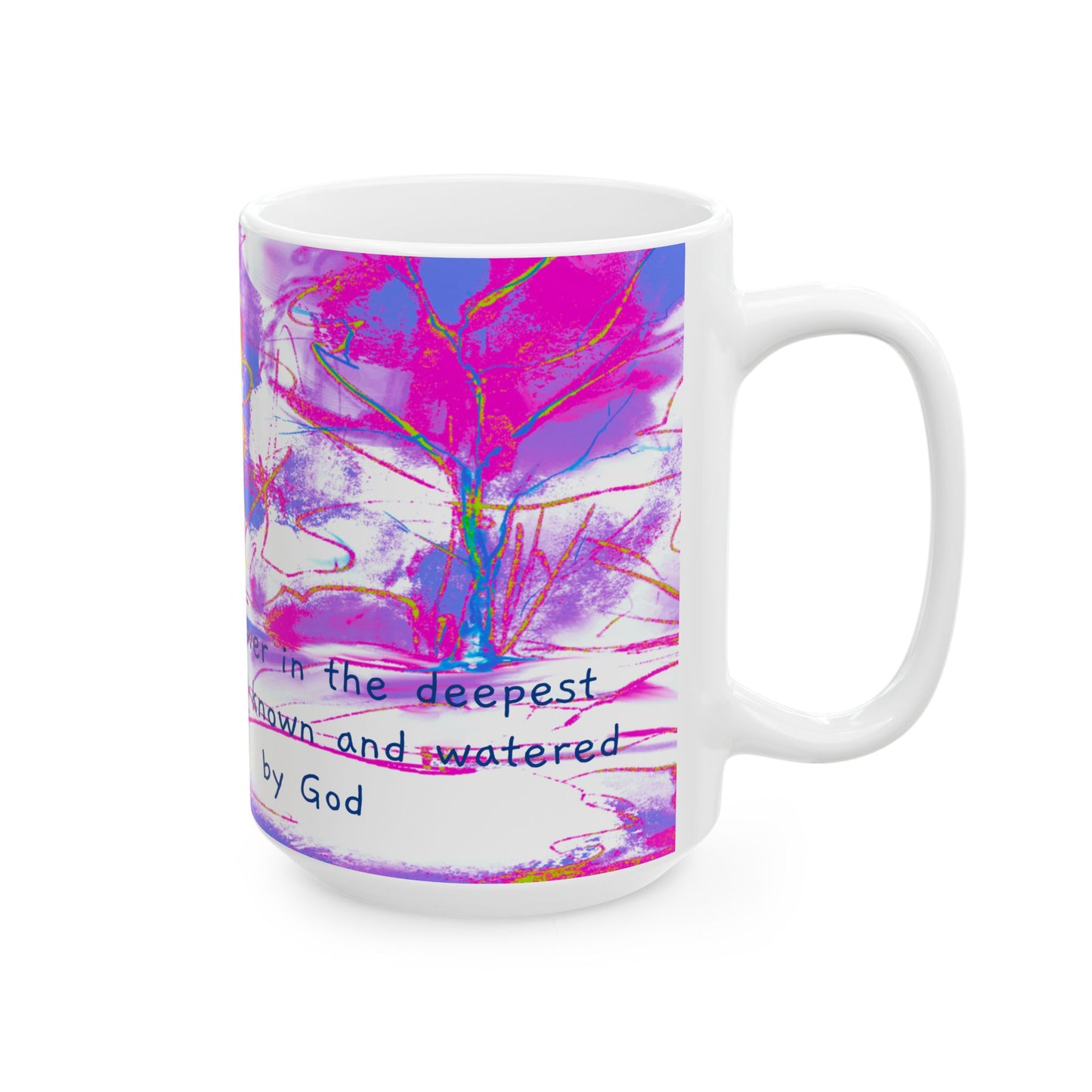 Inspirational Landscapes Ceramic Mug in Raspberry and Yellow "The flower in the deepest woods is known and watered by God", 11oz, 15oz.