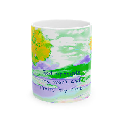 Inspirational Landscapes Ceramic Mug in Yellow, Orange and Purple, "God appoints my work and limits my time",  11oz, 15oz.