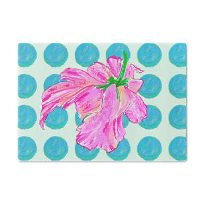 Dancing Tulips Cutting Board, Aqua Polka Dots